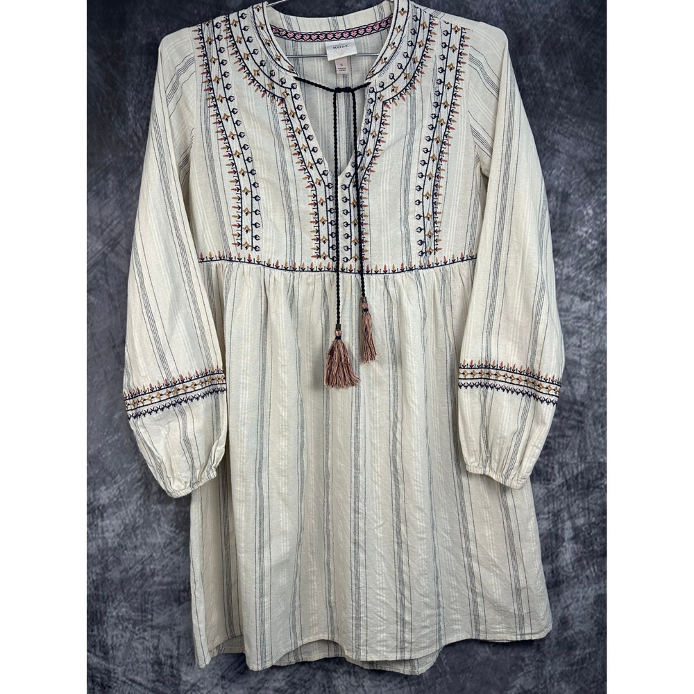 Knox Rose Mini Dress Womens Small Cream Embroidered Boho Tassel Long Sleeve